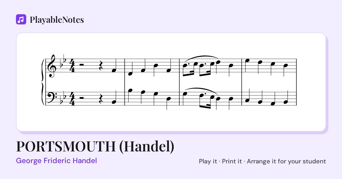 The first bars of PORTSMOUTH (Handel) by George Frideric Handel, engraved.
