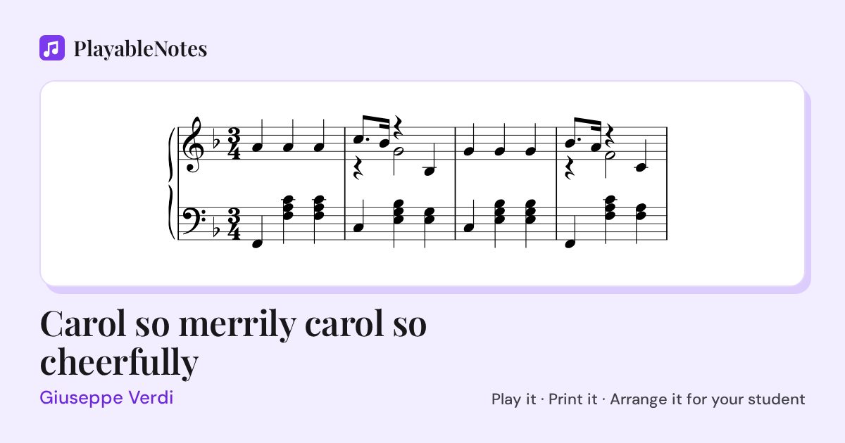 The first bars of Carol so merrily carol so cheerfully by Giuseppe Verdi, engraved.