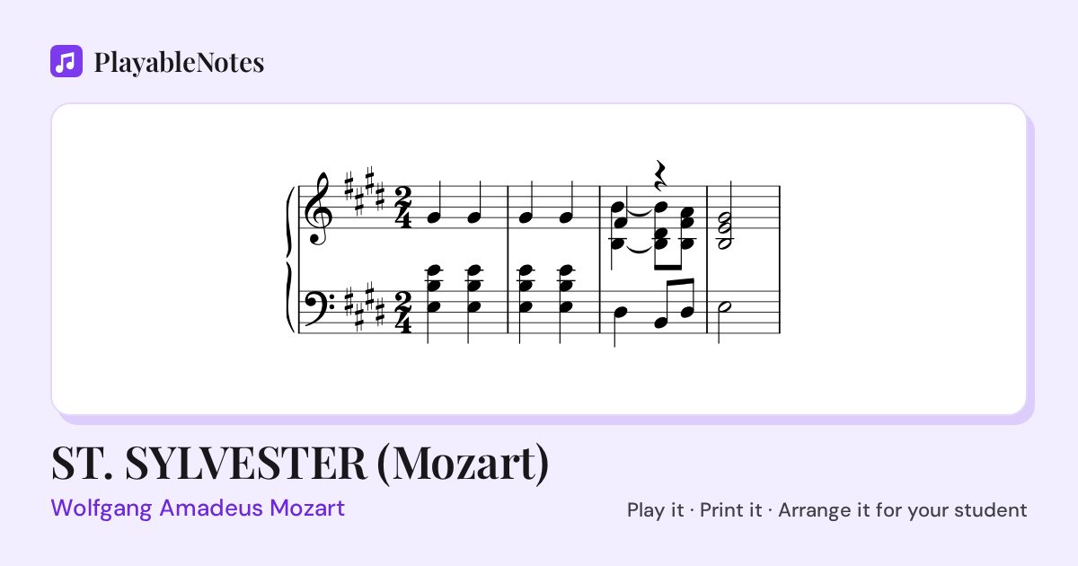 The first bars of ST. SYLVESTER (Mozart) by Wolfgang Amadeus Mozart, engraved.
