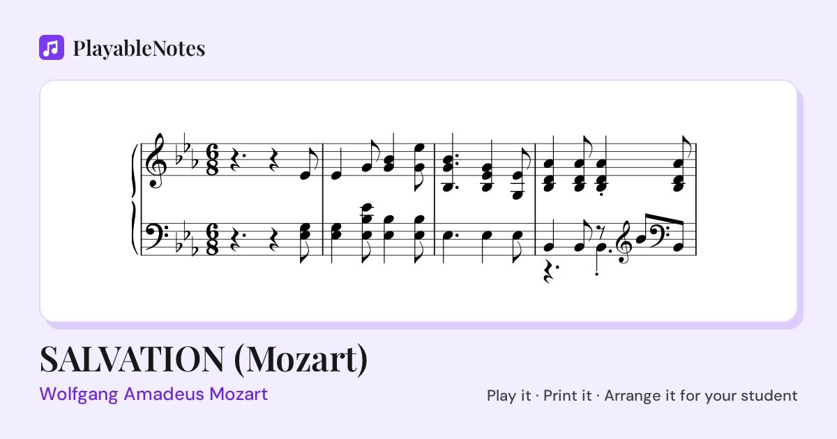 The first bars of SALVATION (Mozart) by Wolfgang Amadeus Mozart, engraved.