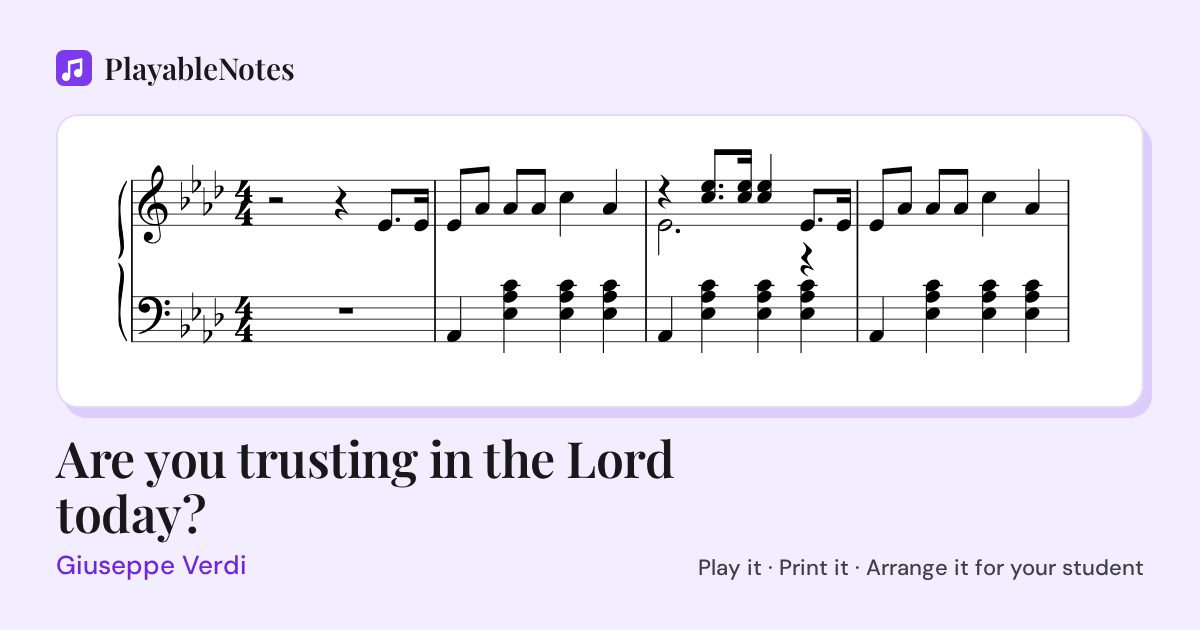 The first bars of Are you trusting in the Lord today? by Giuseppe Verdi, engraved.