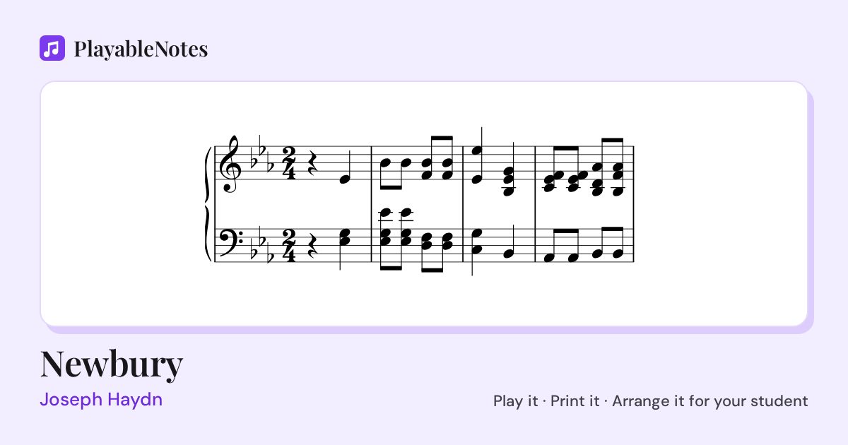 The first bars of Newbury by Joseph Haydn, engraved.