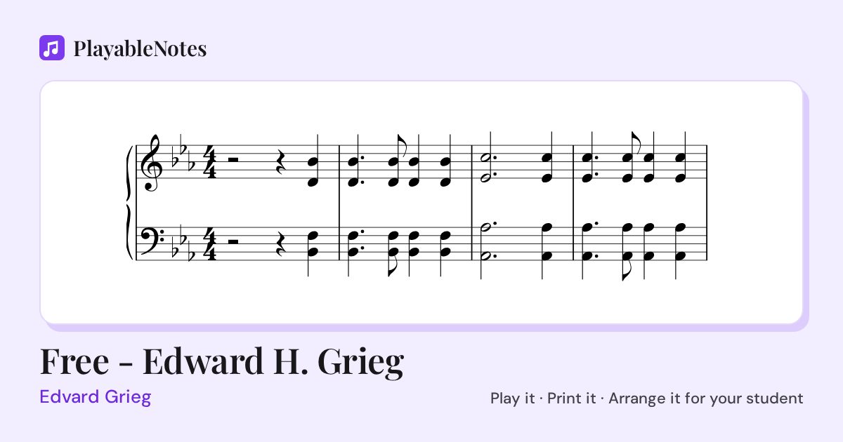 The first bars of Free - Edward H. Grieg by Edvard Grieg, engraved.