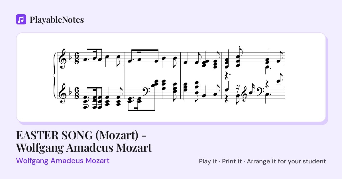 The first bars of EASTER SONG (Mozart) - Wolfgang Amadeus Mozart by Wolfgang Amadeus Mozart, engraved.
