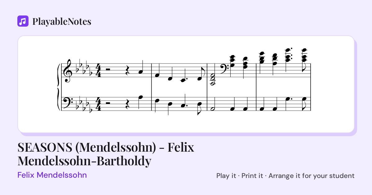 The first bars of SEASONS (Mendelssohn) - Felix Mendelssohn-Bartholdy by Felix Mendelssohn, engraved.