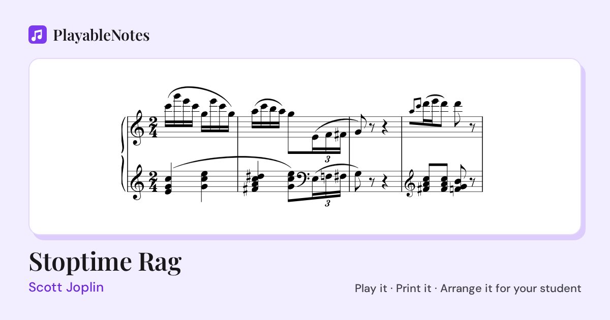 The first bars of Stoptime Rag by Scott Joplin, engraved.