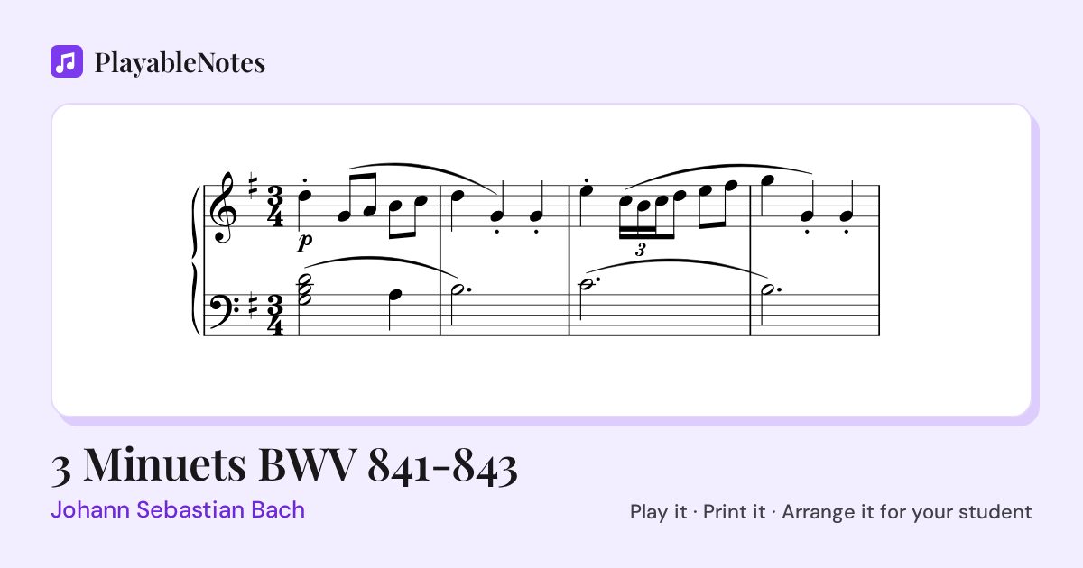 The first bars of 3 Minuets BWV 841-843 by Johann Sebastian Bach, engraved.