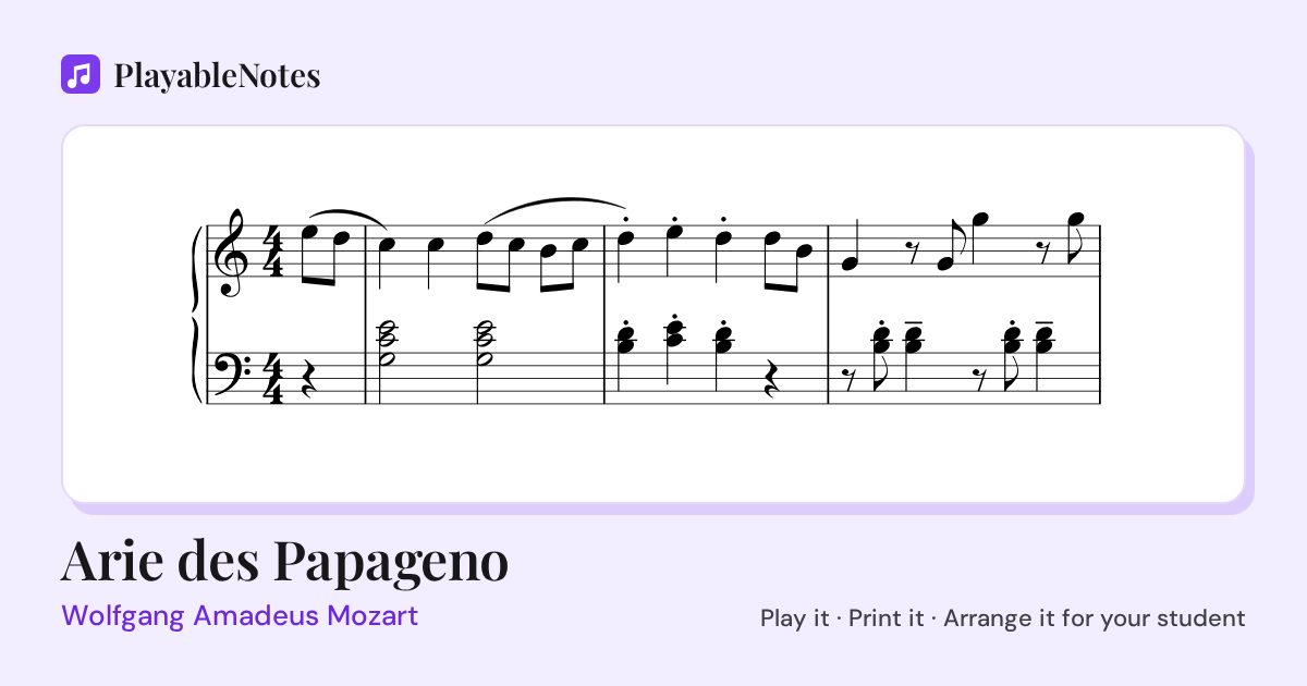 The first bars of Arie des Papageno by Wolfgang Amadeus Mozart, engraved.
