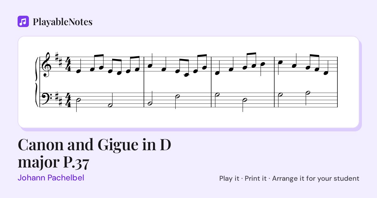 The first bars of Canon and Gigue in D major P.37 by Johann Pachelbel, engraved.