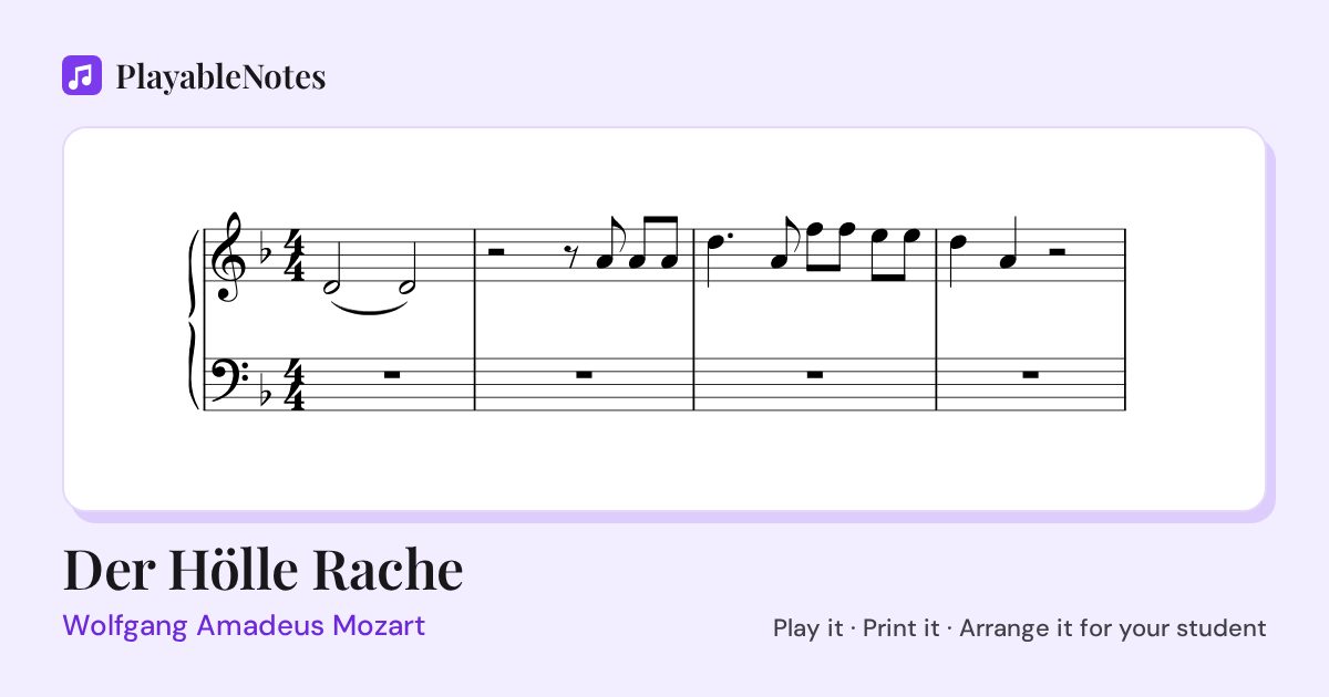 The first bars of Der Hölle Rache by Wolfgang Amadeus Mozart, engraved.