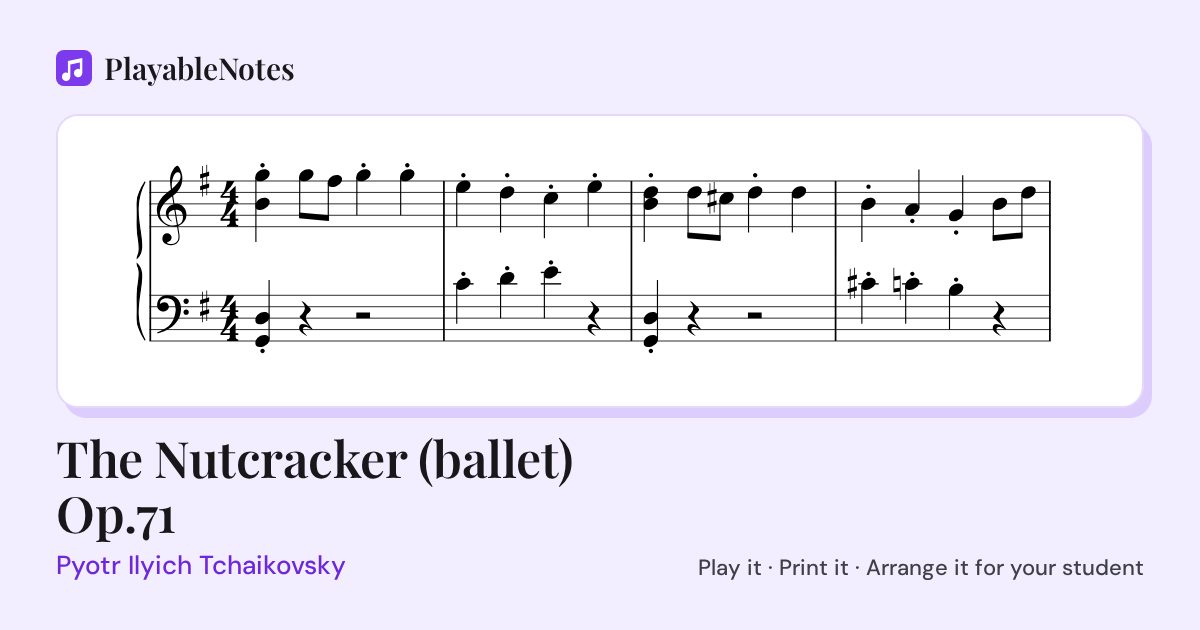 The first bars of The Nutcracker (ballet) Op.71 by Pyotr Ilyich Tchaikovsky, engraved.