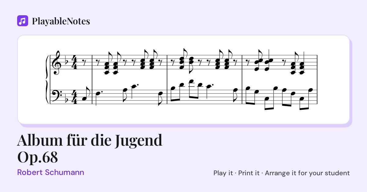 The first bars of Album für die Jugend Op.68 by Robert Schumann, engraved.