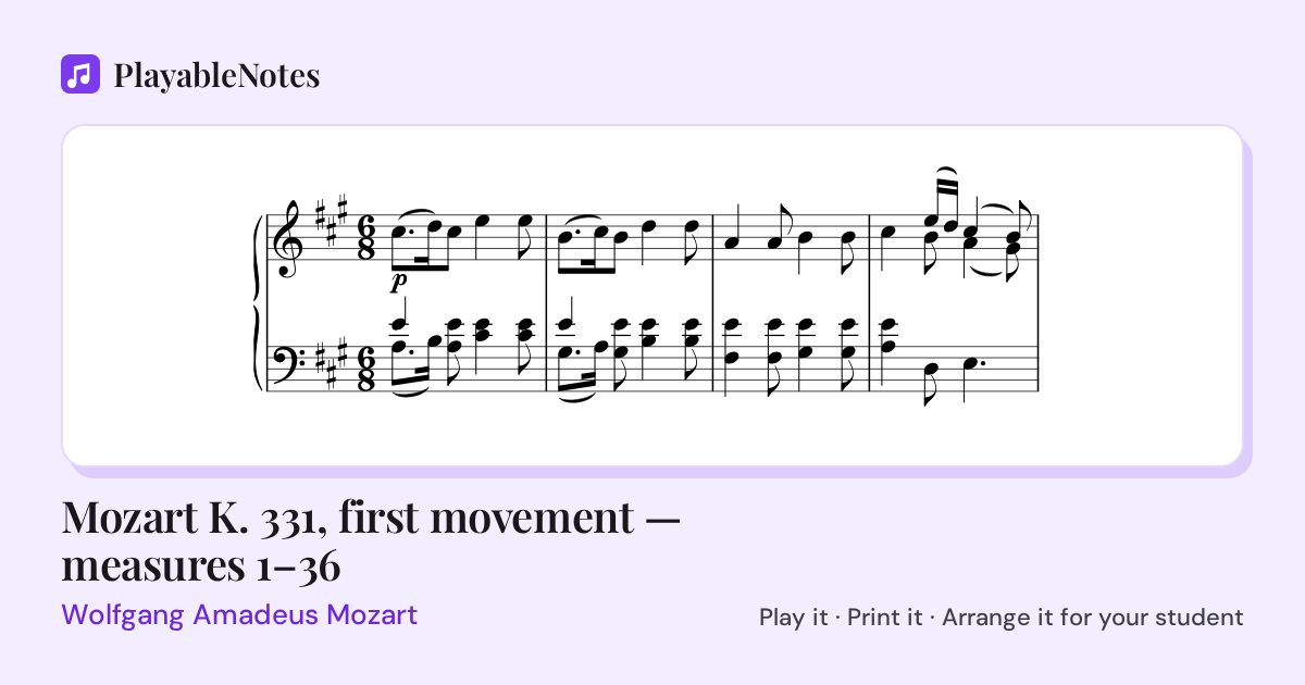 The first bars of Mozart K. 331, first movement — measures 1–36 by Wolfgang Amadeus Mozart, engraved.