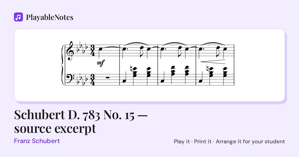 The first bars of Schubert D. 783 No. 15 — source excerpt by Franz Schubert, engraved.